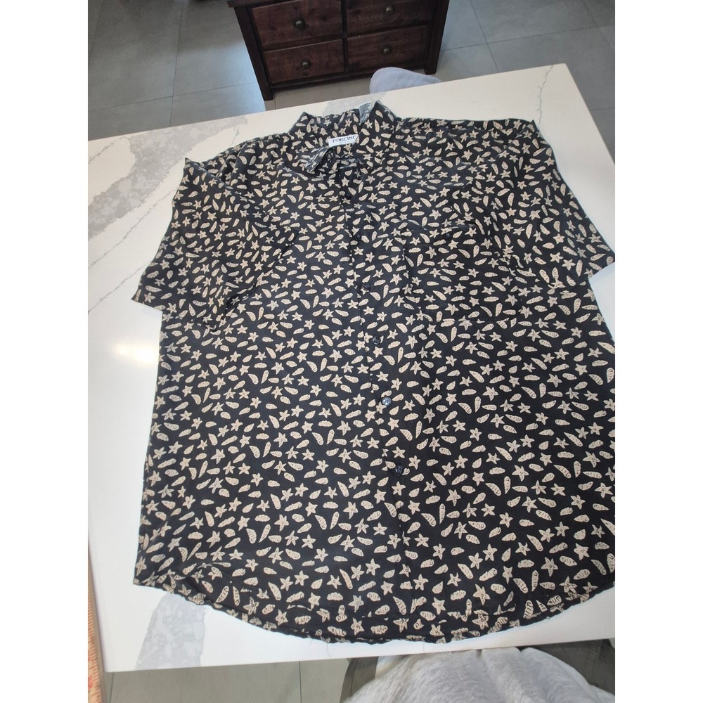 Porcini Men XL 100% Silk Short Sleeve Button Down Shirt Blk Shell Starfish Print